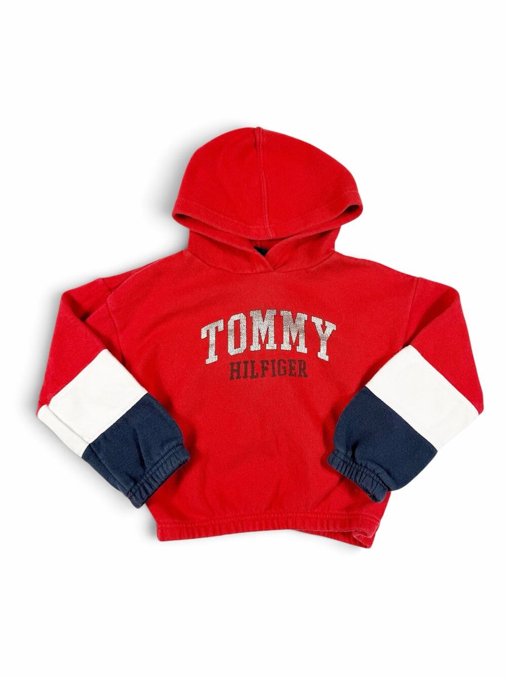 Tommy Hilfiger Boys Colorblock Logo Pullover Hoodie Red Navy White Size 5
